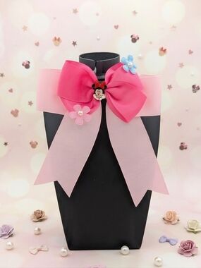 Large Minnie Mouse Layered Pink Ribbon With Charm Hairbow
